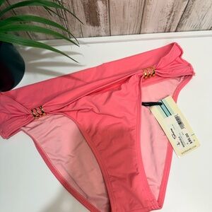 Shore Coral Pink Bikini Bottom with Gold Ring Accents